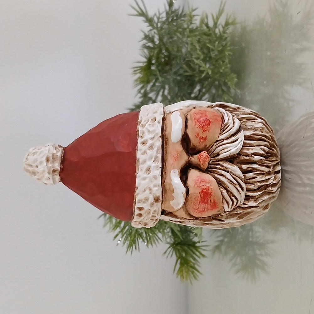 Carved Wood Folk Art Santa Head 4.5" Chubby Cheeks Roly Poly Signed Walz '94